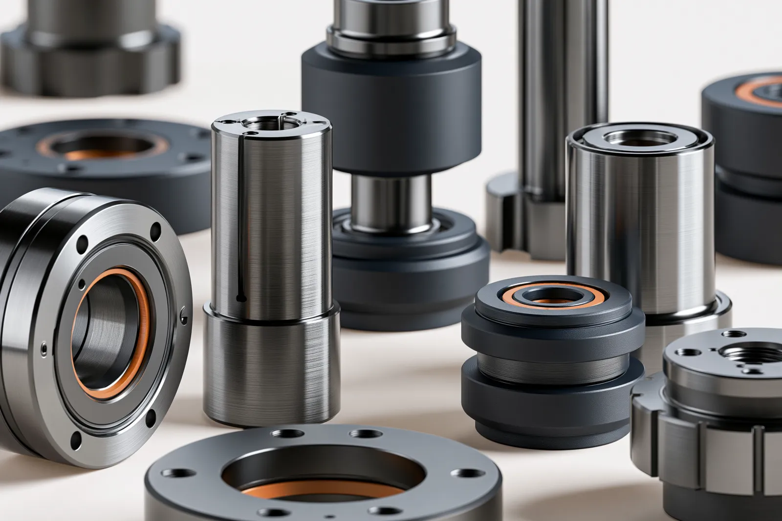 Precision-machined components and tooling laid out on a shop bench.